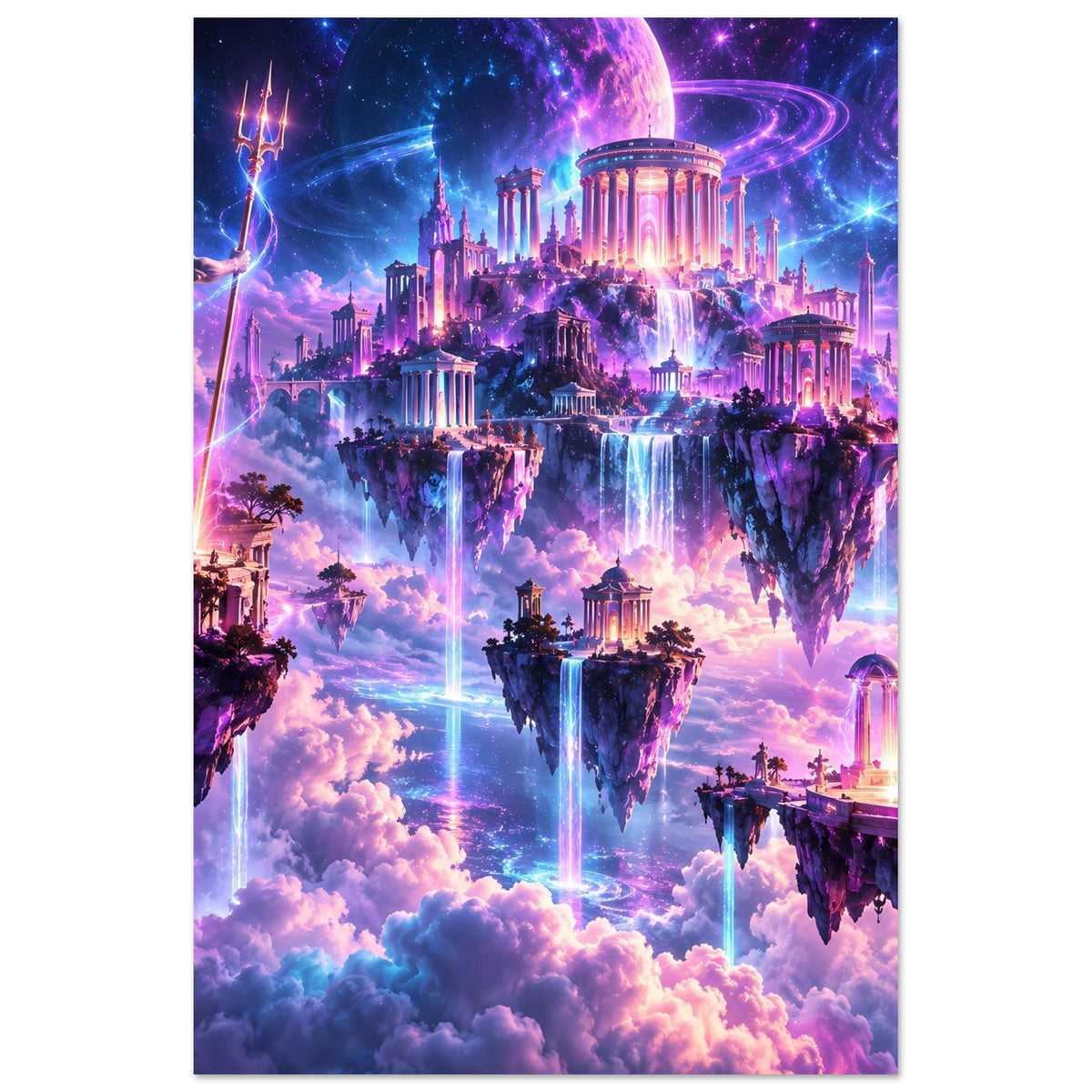 Fantasy-Poster, vertikal: schwebende Inseln mit Tempeln, magischen Lichtströmen und Wasserfällen