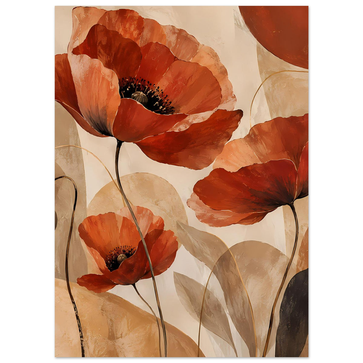 Botanisches Poster mit roten Mohnblumen, dunklem Blütenzentrum und zarten Stielen