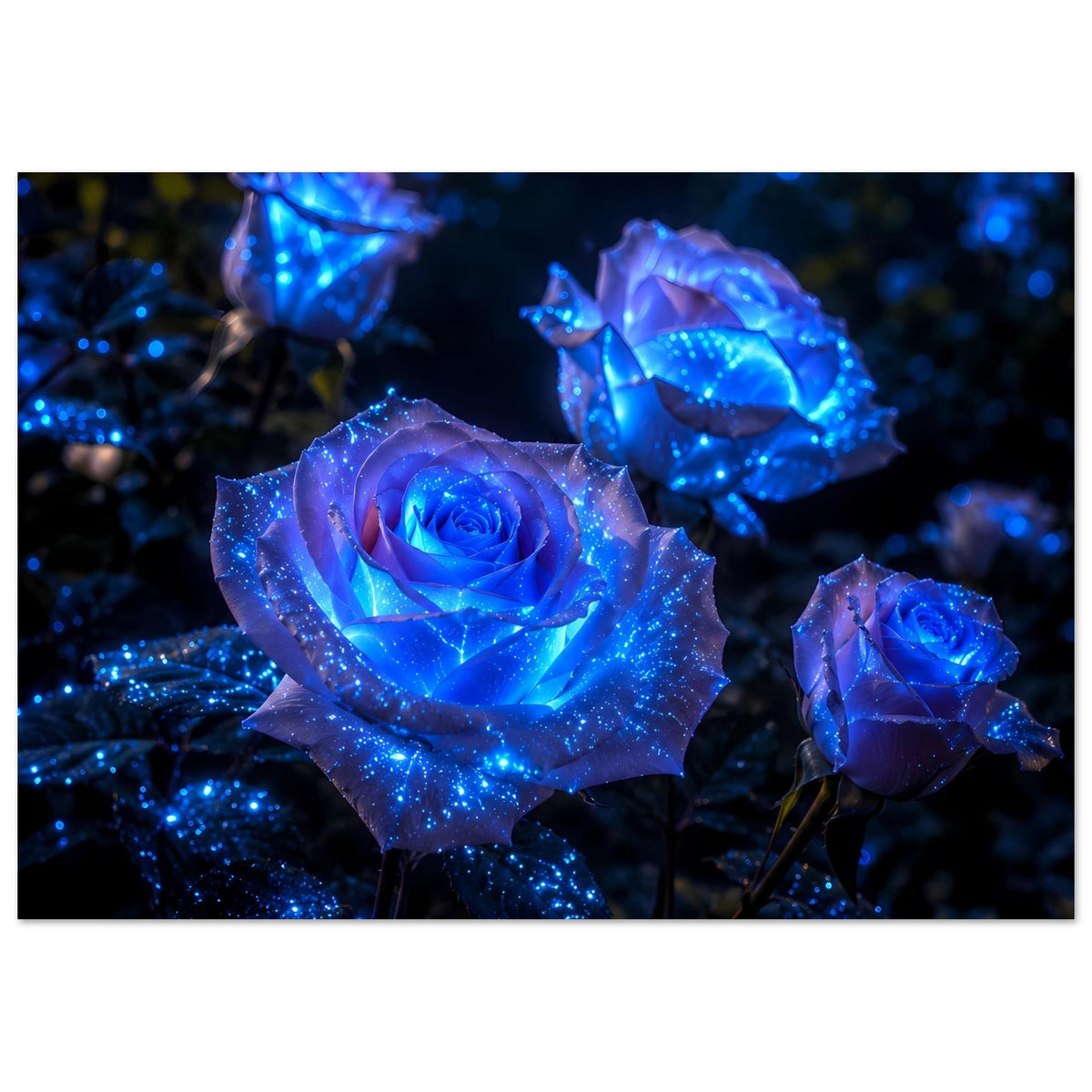 Poster mit blau leuchtenden Rosen: große Mittelrose und zwei kräftig leuchtende Nebenblüten