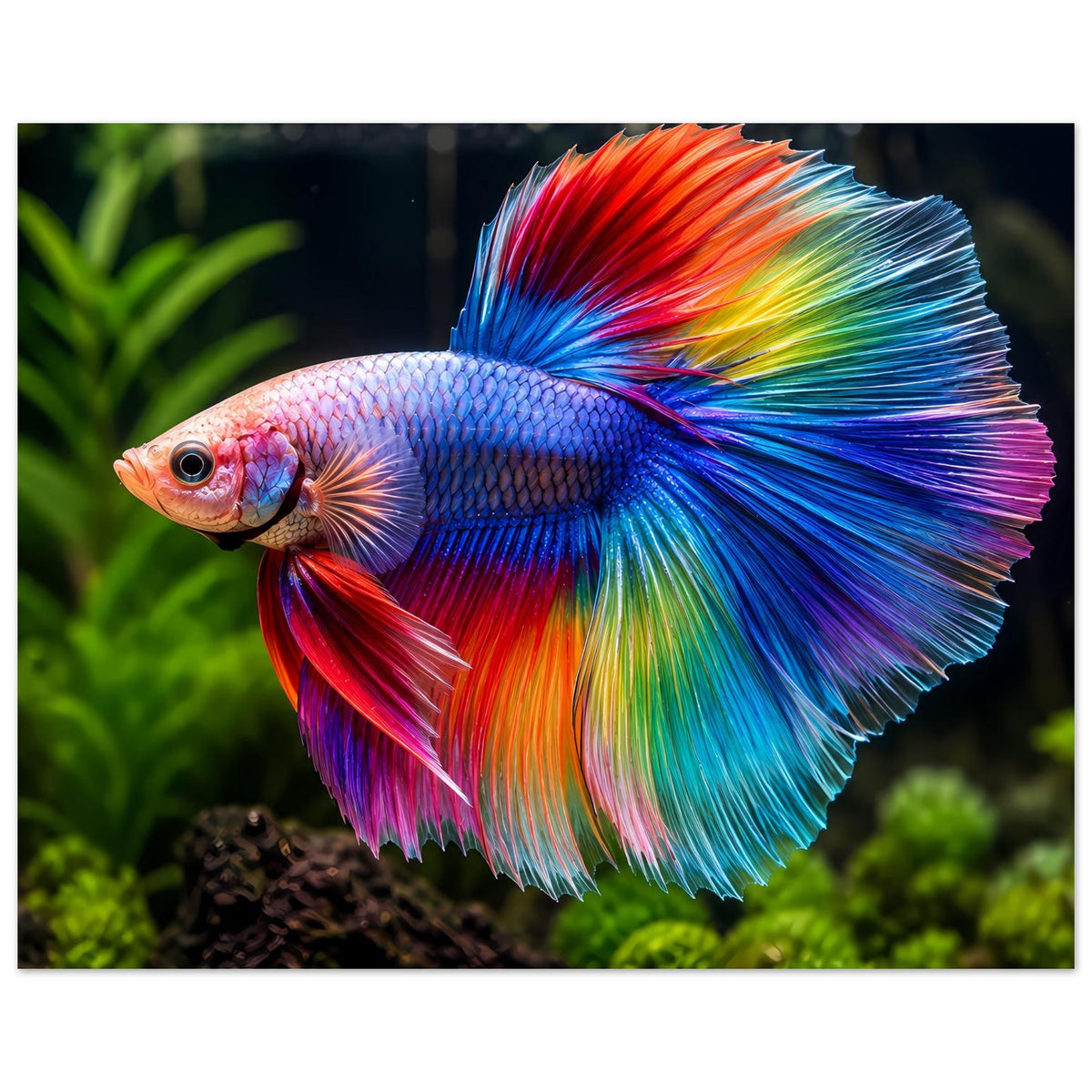 Poster mit Kampffisch-Betta und weit ausgebreiteten Regenbogenflossen, blaues und rotes Muster