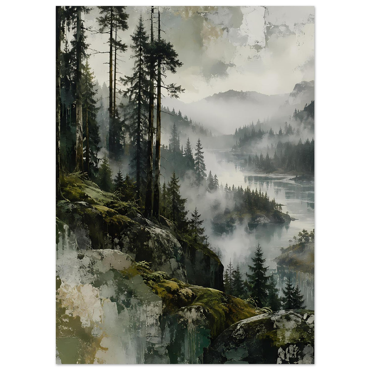Landschaftsposter mit moosigem Felsen und Tannen im Nebel, mattes Papier