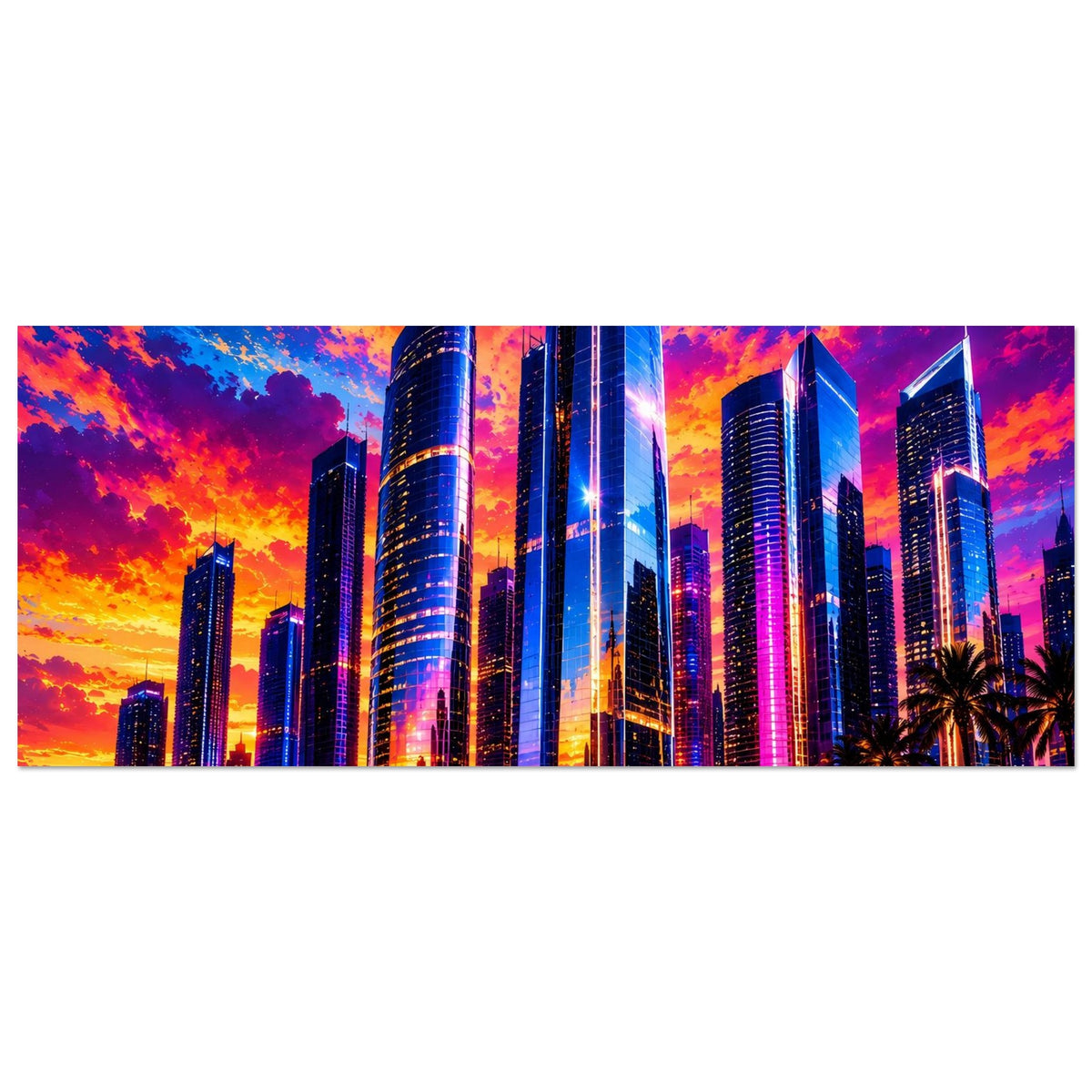 Horizontales Poster mit leuchtender Großstadt-Skyline, Wolkenkratzer und Wasserreflexe