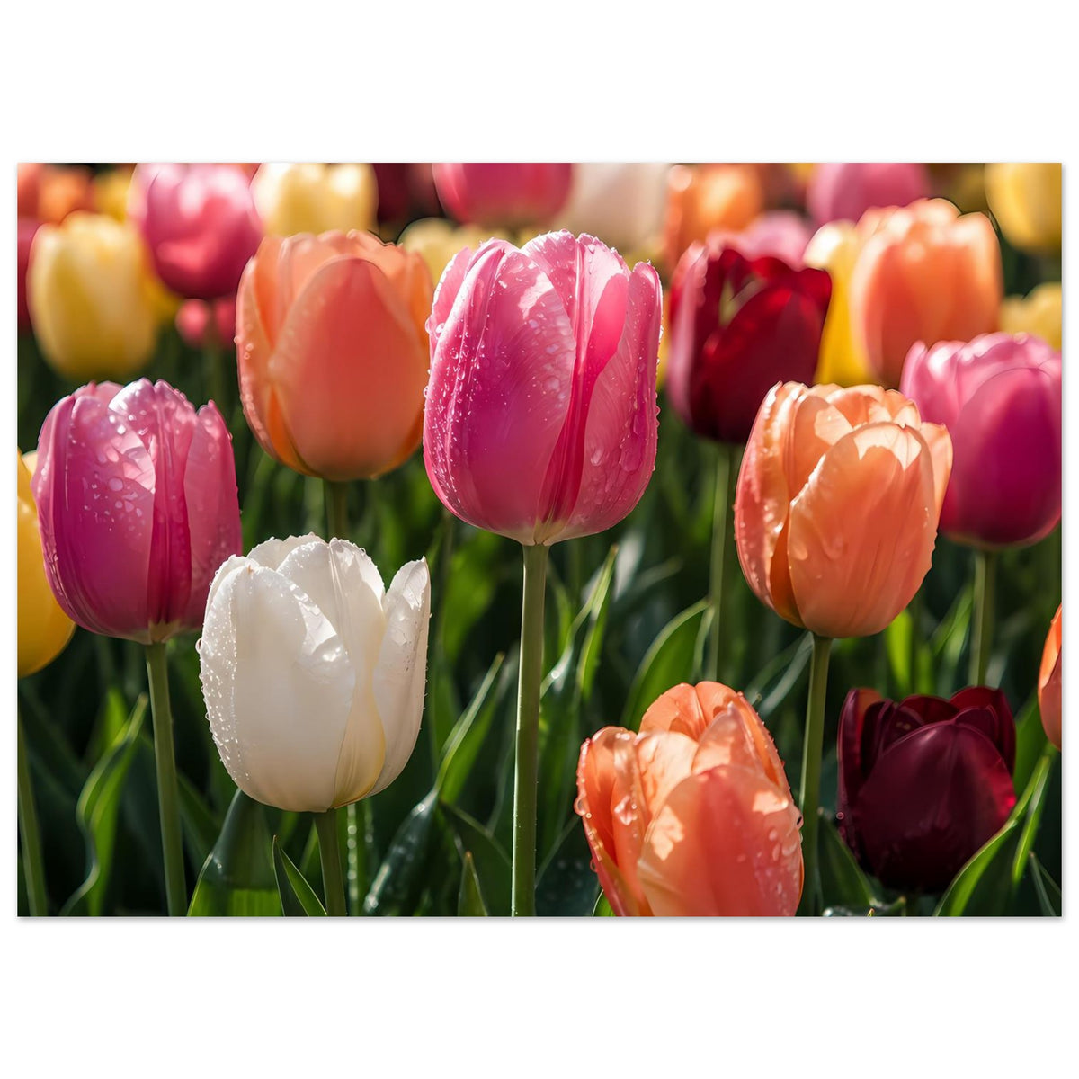 Poster mit buntem Tulpenfeld in Pink, Orange und Weiß, einzelne Blüten mit Wassertropfen