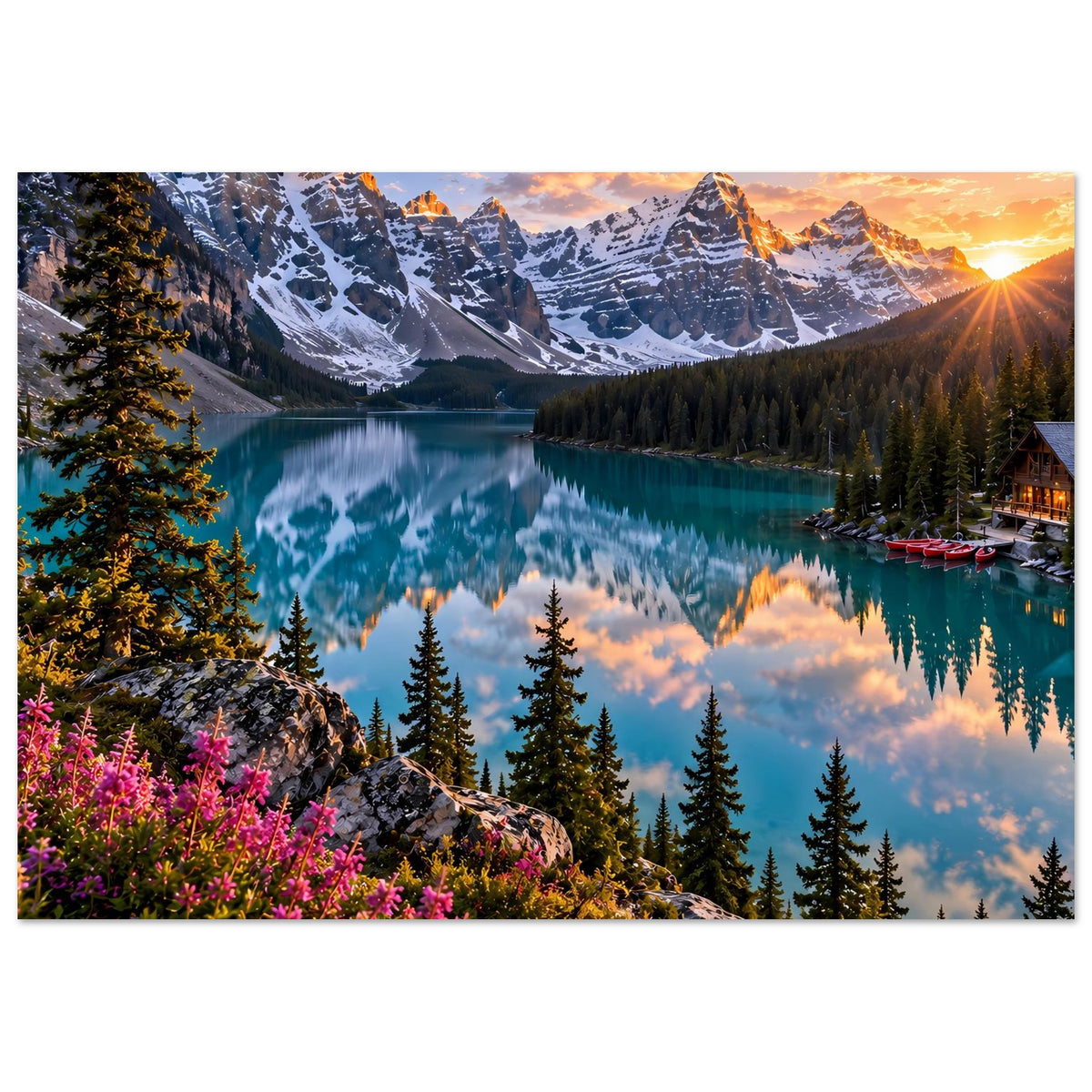 Poster Bergsee mit Bergkulisse und Abendsonne, türkisfarbenes Wasser, Pinien und Boote