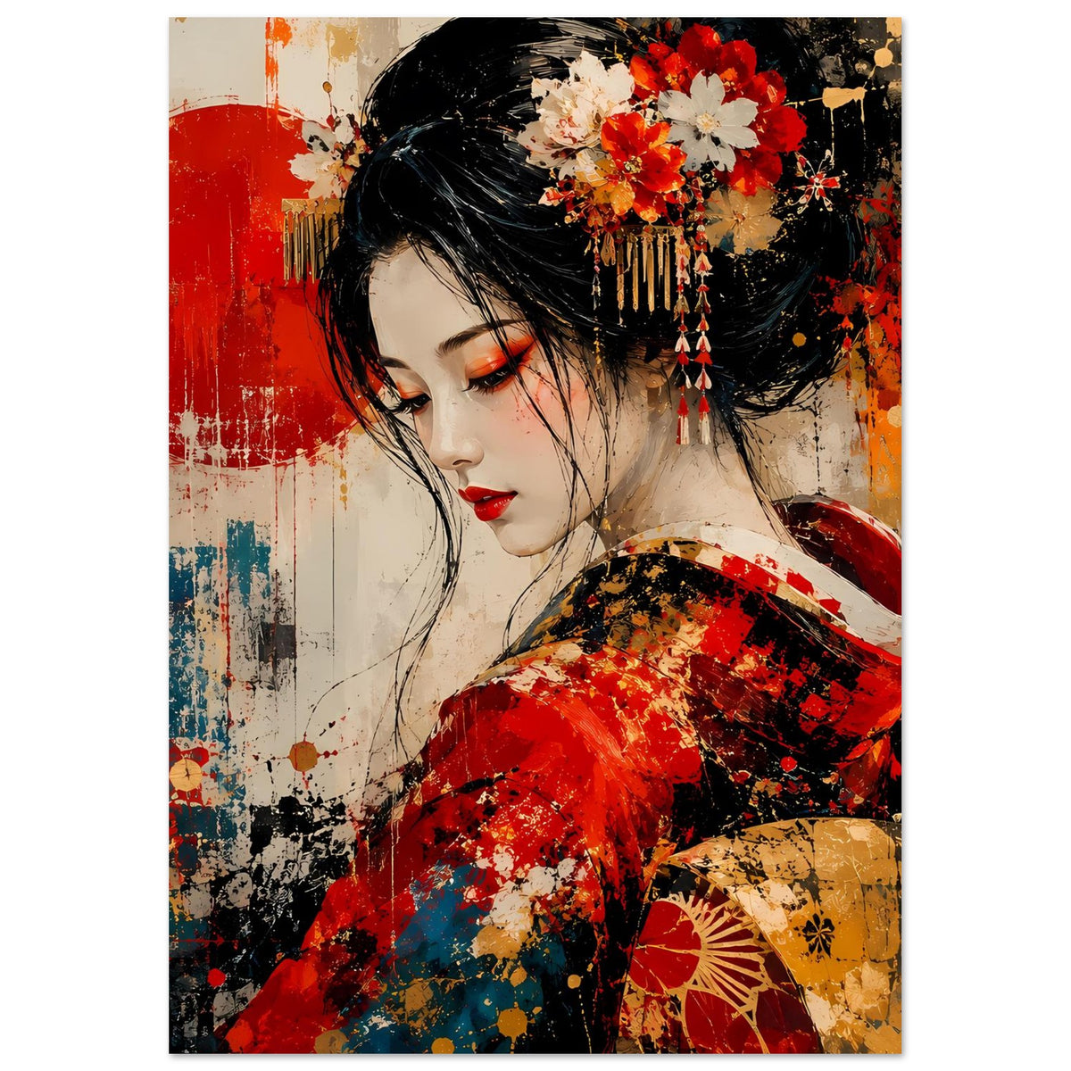 Japanisches Geisha-Poster: Geisha mit rotem Kimono, Blumenkranz und goldener Schärpe
