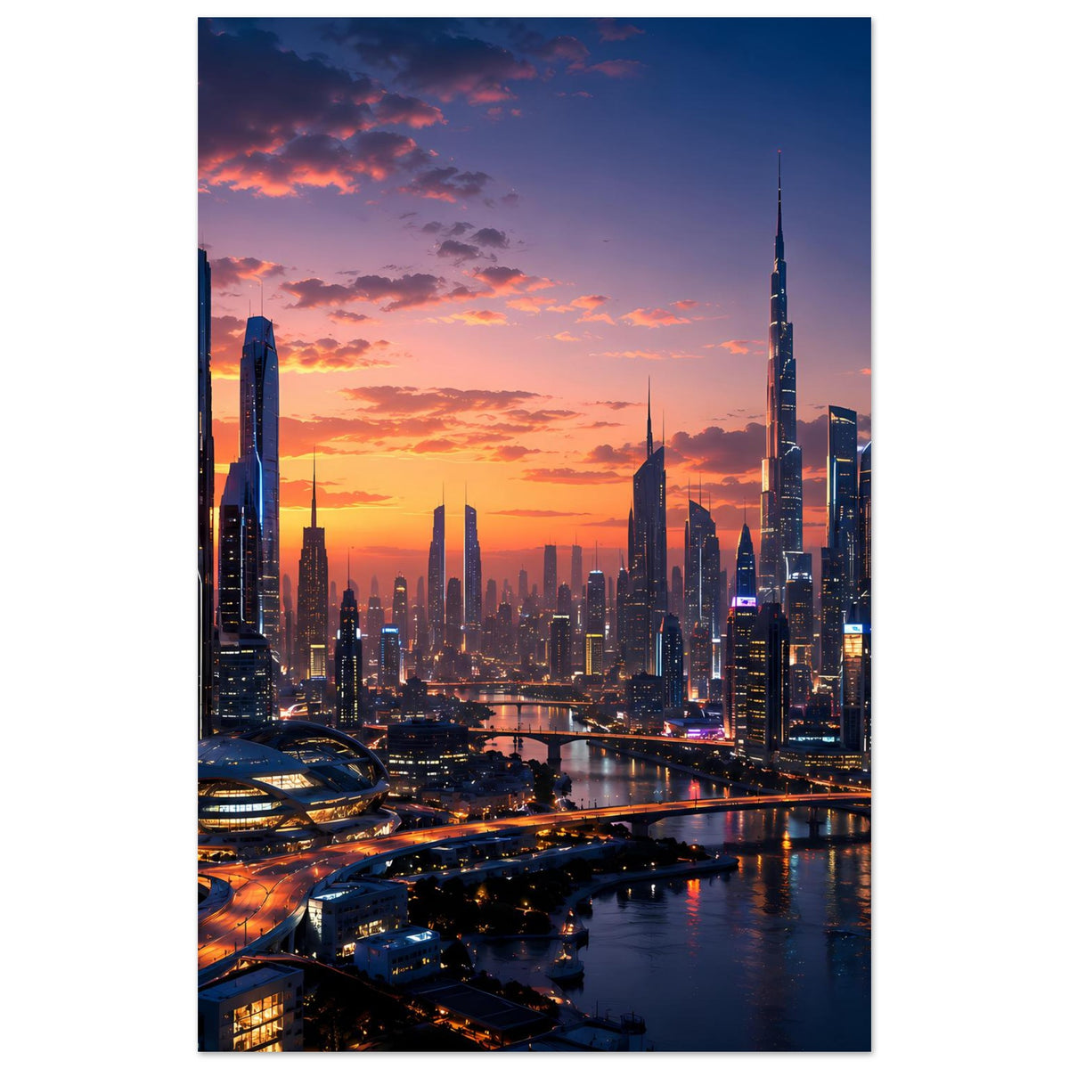 Gerahmtes Poster mit Skyline bei Sonnenuntergang, Vertikalformat