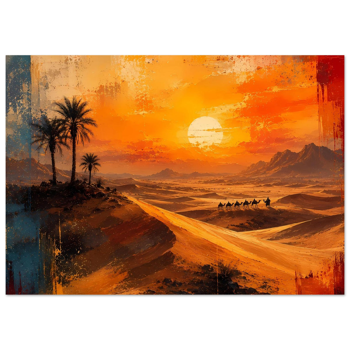 Wüstenlandschaft-Poster: Palmen links, Karawane auf Dünenkamm und orange Sonnenuntergang
