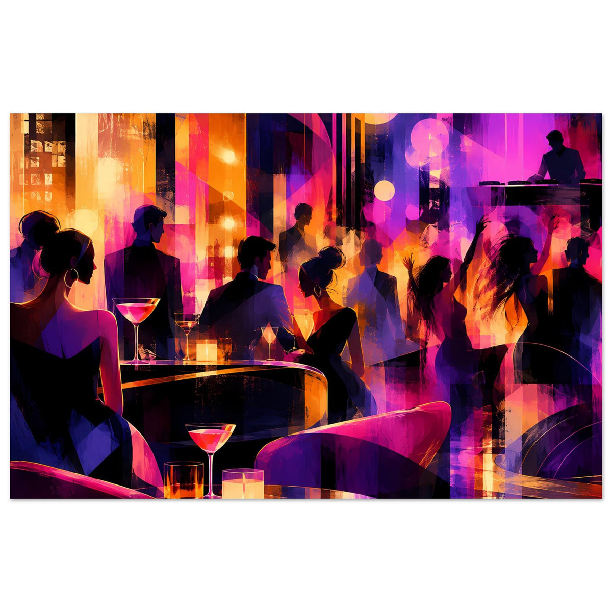 Nachtclub-Poster: Gäste an Tresen mit Cocktailgläsern, bunte Neonlichter, Silhouetten im Vordergrund.