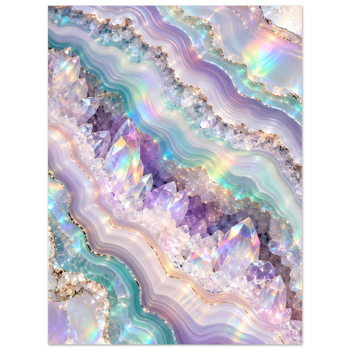 Holografisches Kristall-Geodenposter, vertikal: violette Kristalle mit irisierenden Schimmerflächen