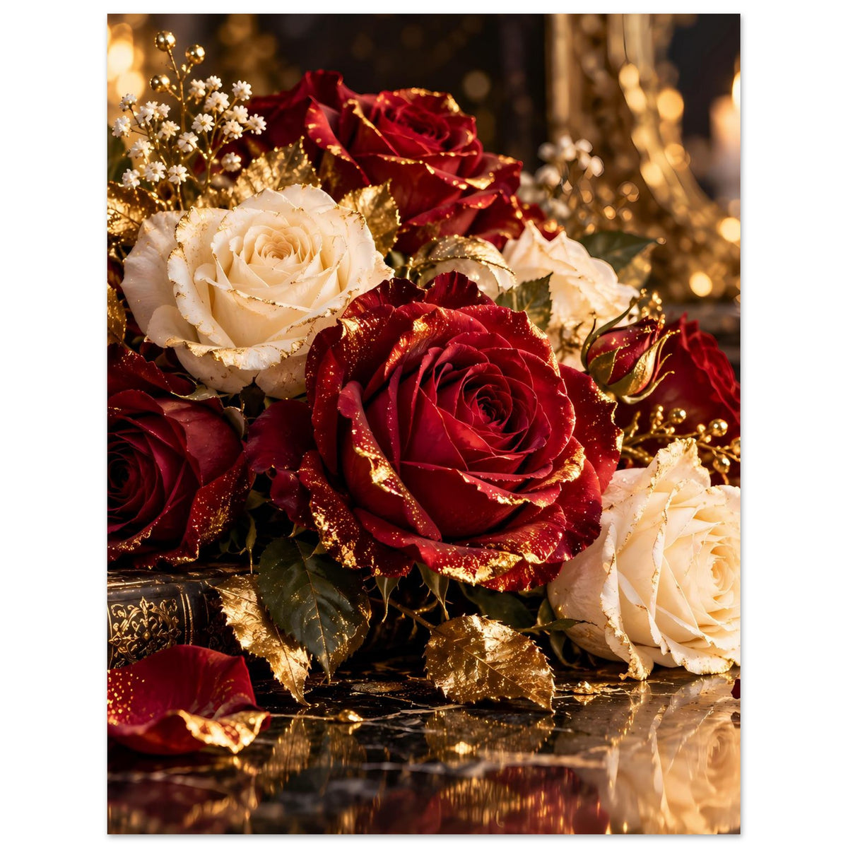 Rosenstrauß mit Bordeauxroten und cremeweißen Rosen, goldschimmernde Blüten und Blätter