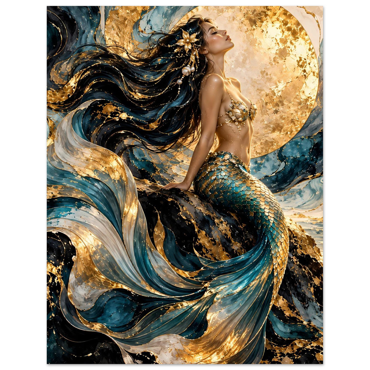 Vertikales Meerjungfrauen-Poster, Nahansicht der Meerjungfrau in Türkis-Gold mit goldenem Mond