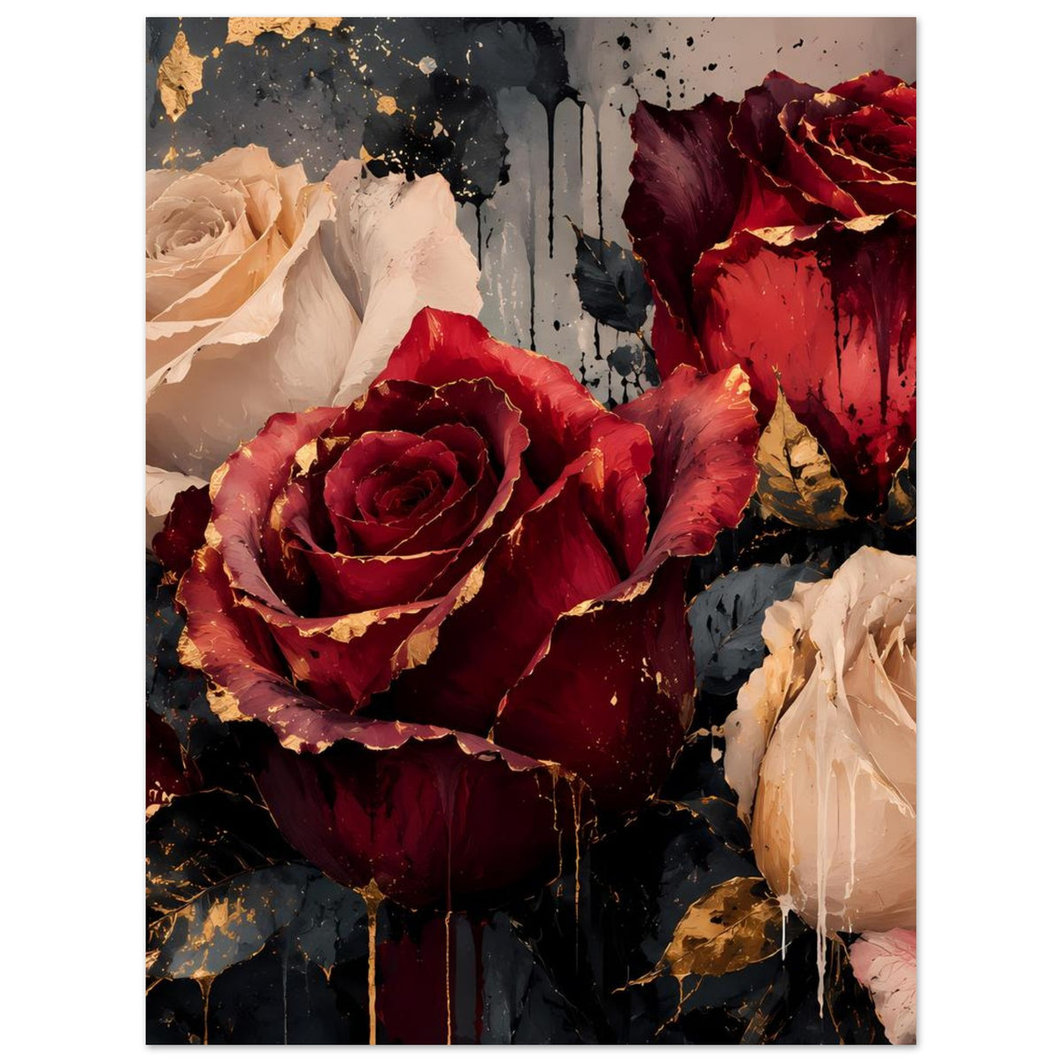 Kunstposter mit Rosen in Bordeauxrot und Creme, Goldsprenkel, drei Blüten