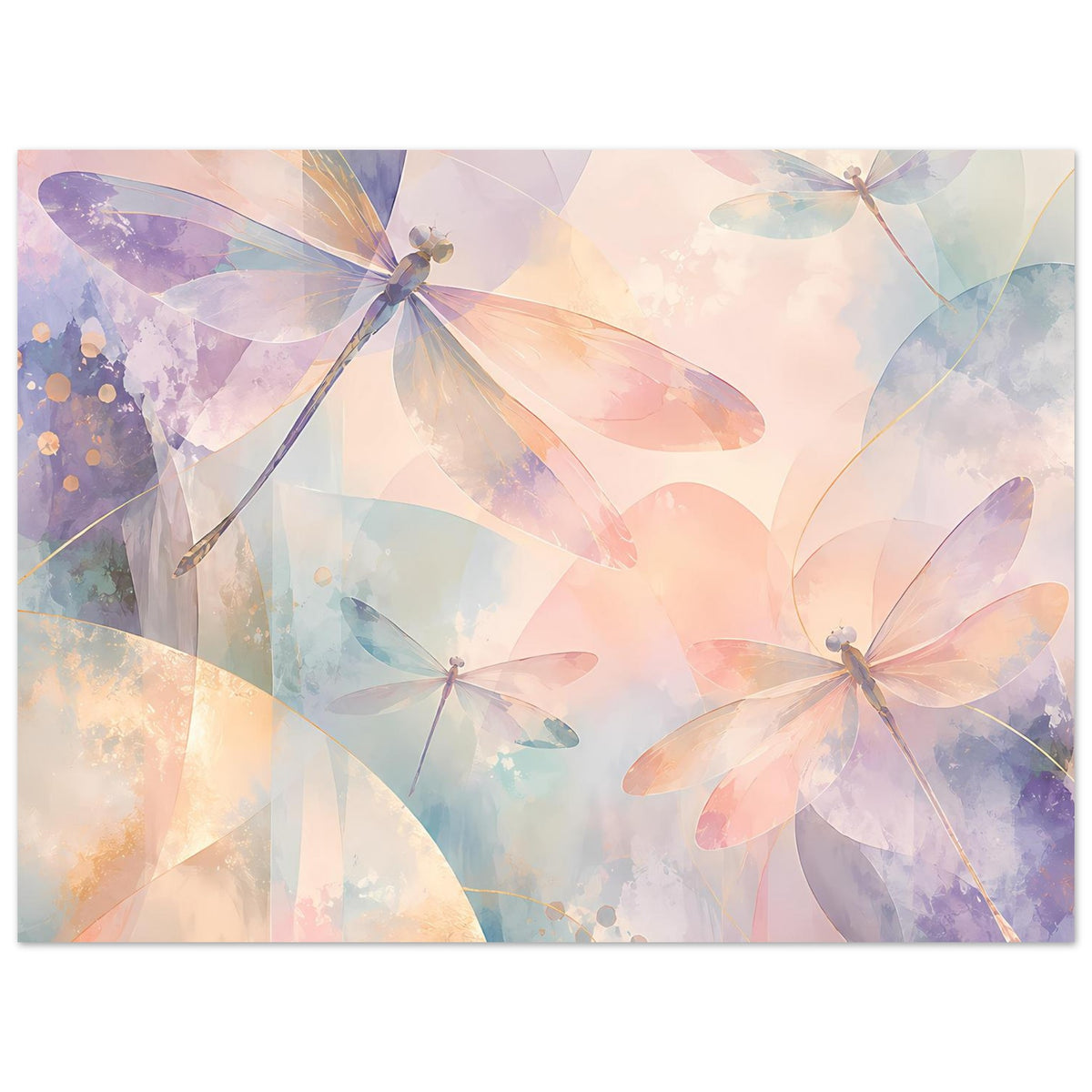 Pastellposter mit Libellen in Pfirsich-, Lavendel- und Hellblau-Tönen, horizontal