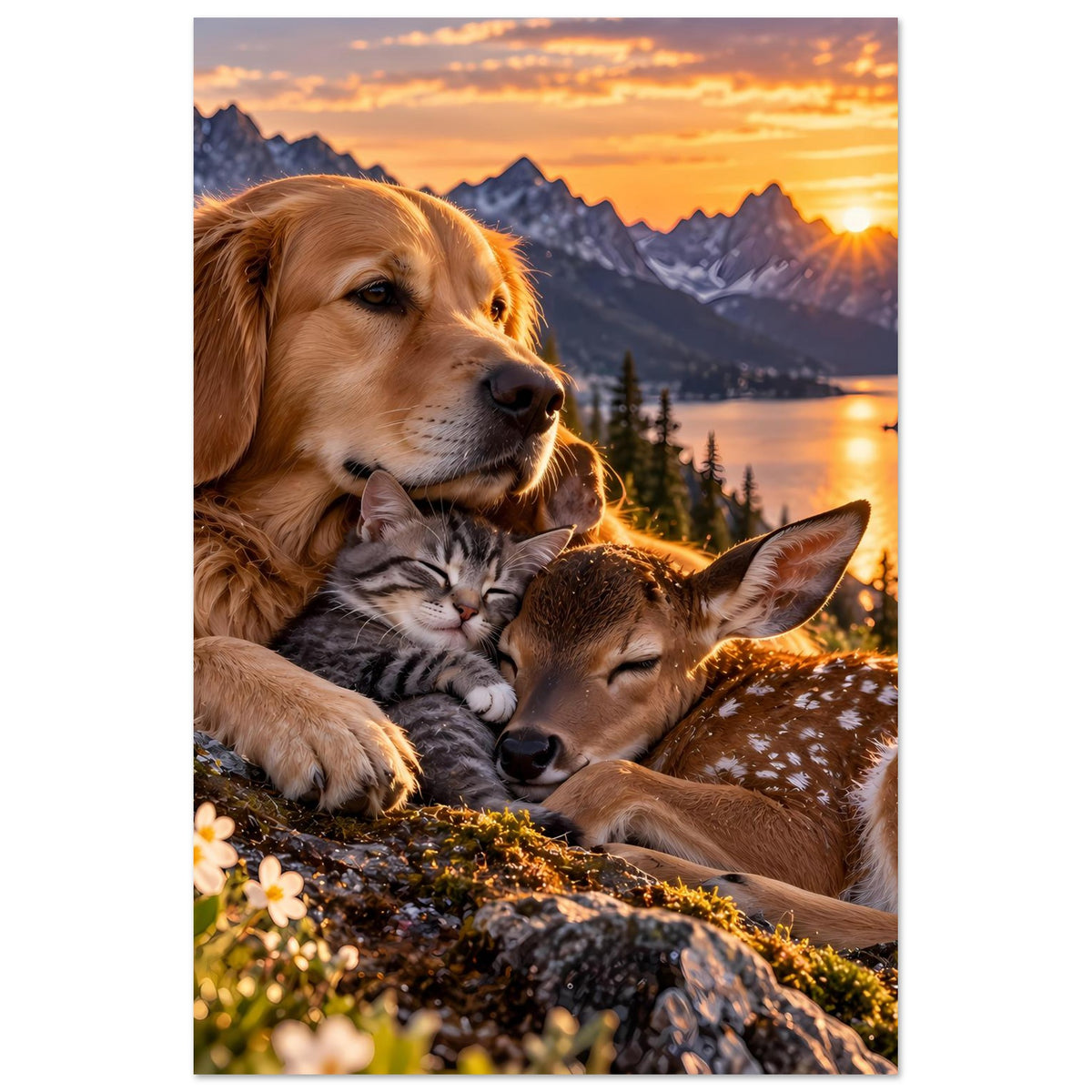 Hochformat-Poster mit goldbraunem Hund, Katze im Arm und Reh am Waldrand