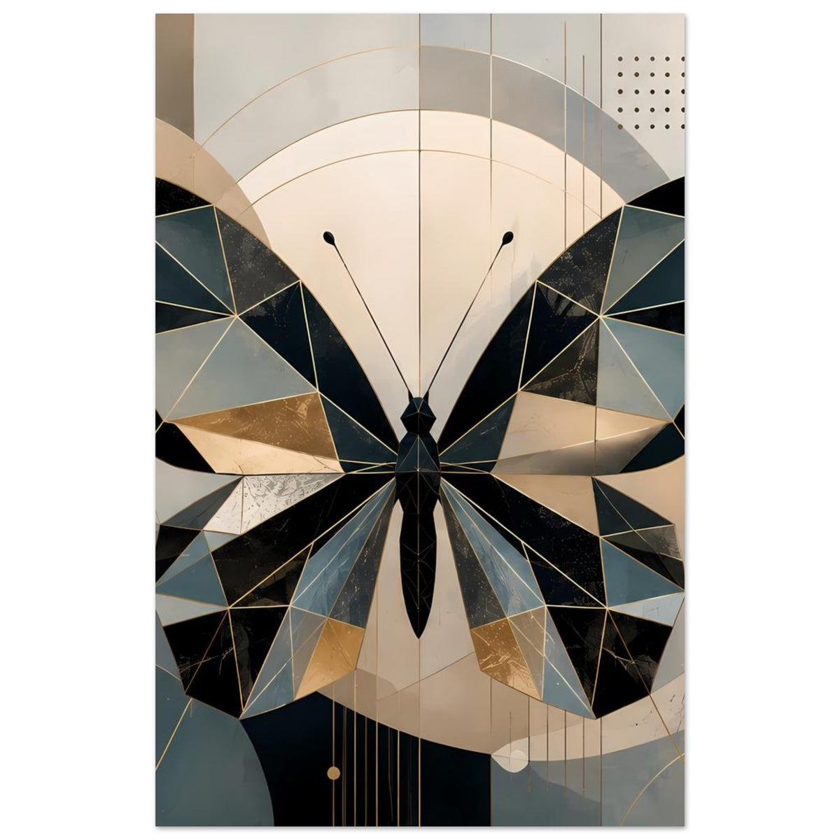 Geometrisches Schmetterlingsposter im Hochformat: facettierte Schmetterlingsflügel in Petrol und Gold