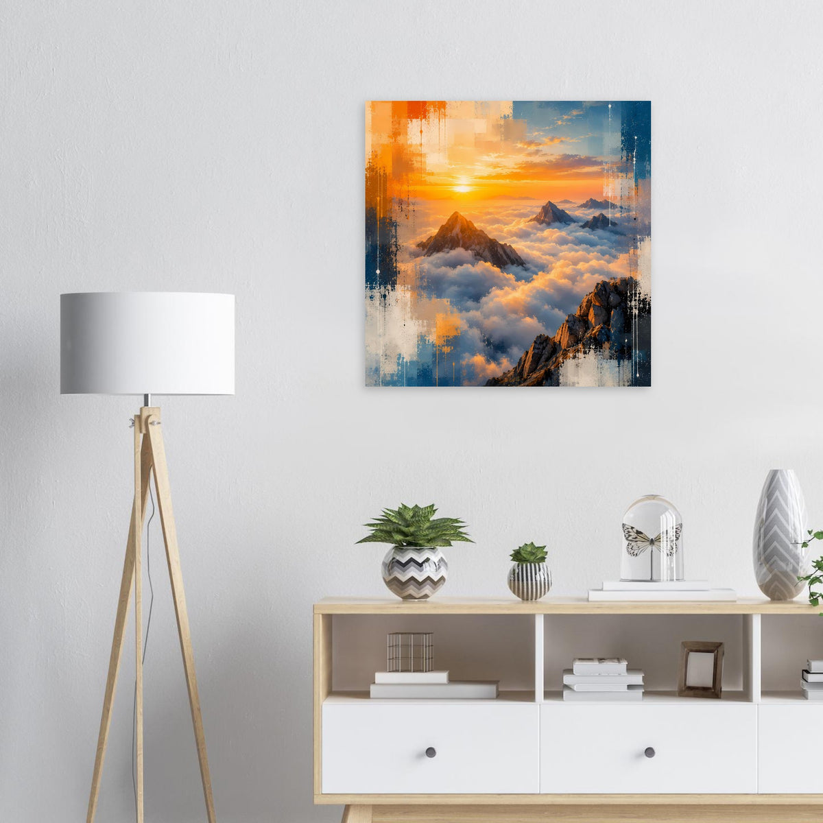 Quadratisches Landschaftsposter: Sonne über Berglandschaft im Wolkenmeer, orange und blau