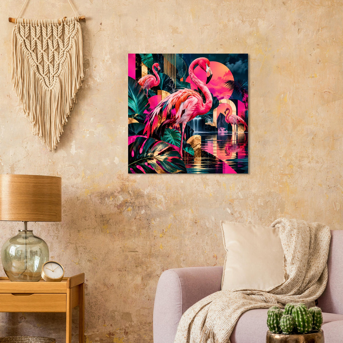 Poster mit pinken Flamingos vor tropischem Hintergrund mit Neonfarben