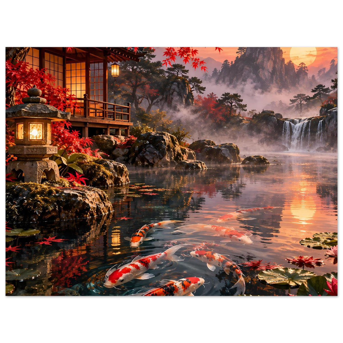 Horizontales Poster mit Koi-Fischen im Vordergrund, roten Ahornblättern und Teichfelsen