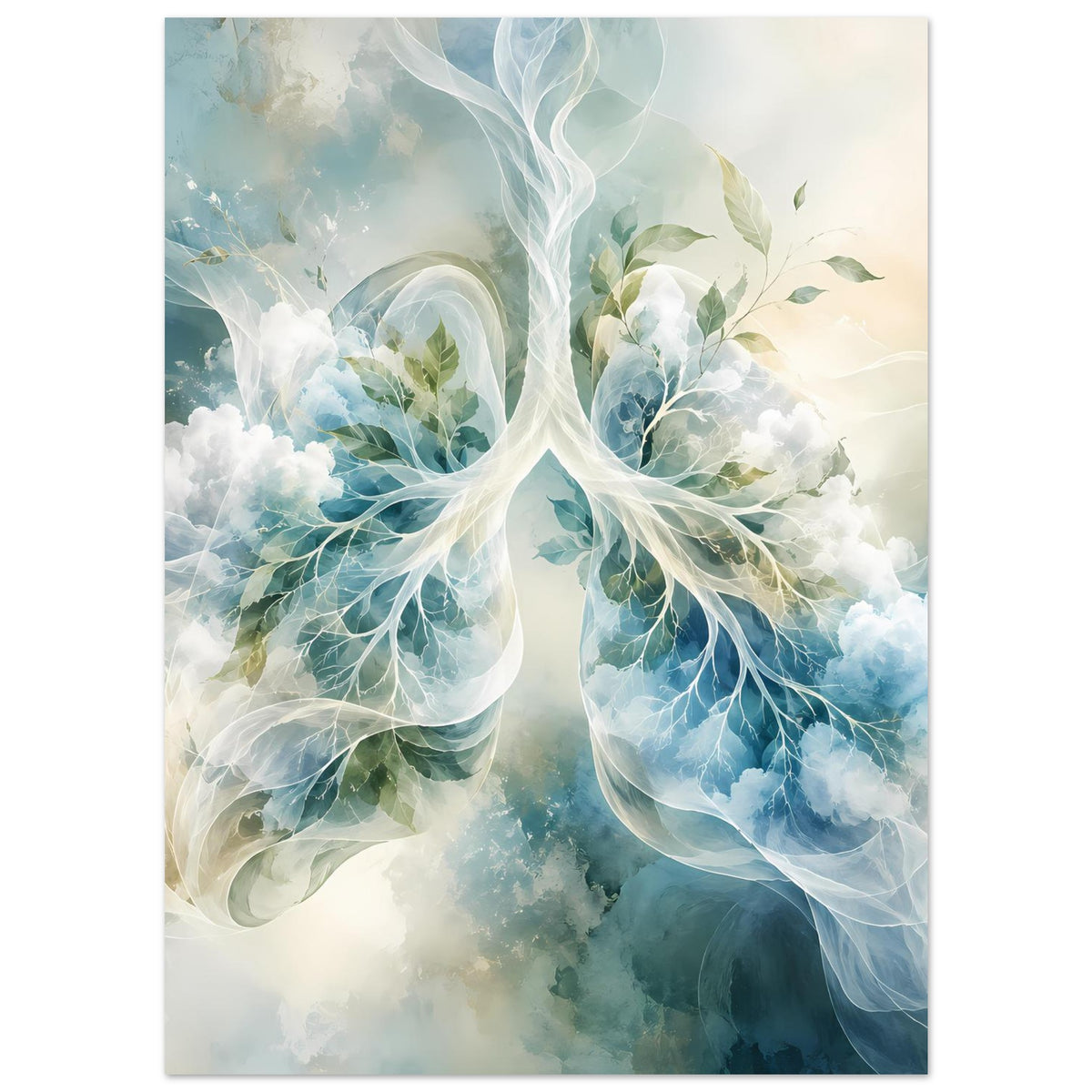 Hochkant-Poster mit transparenten blauen Lungenformen und grünen Blattzweigen
