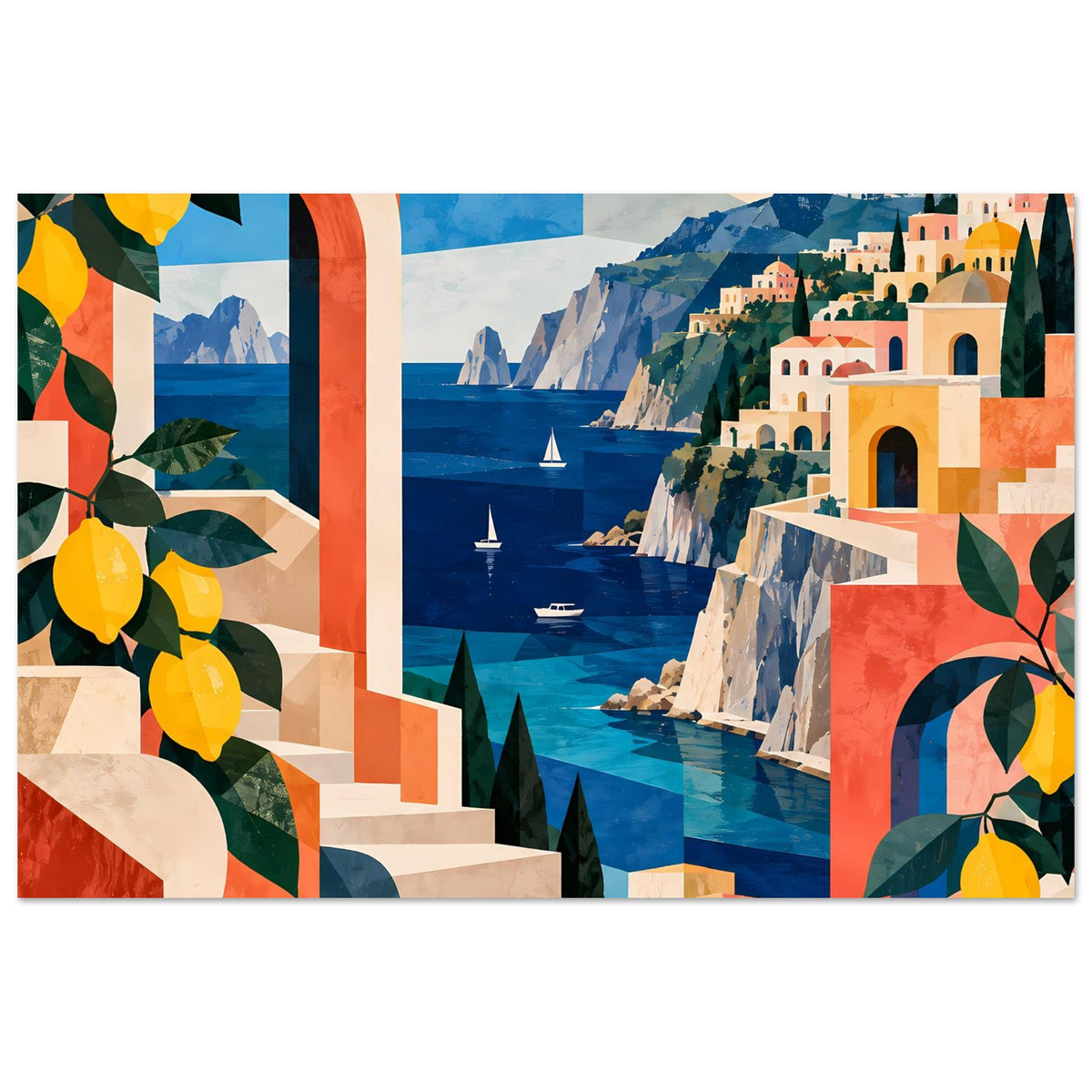 Mediterranes Küstenposter mit Zitronenmotiv im Querformat, Treppen, Meer und bunte Häuser