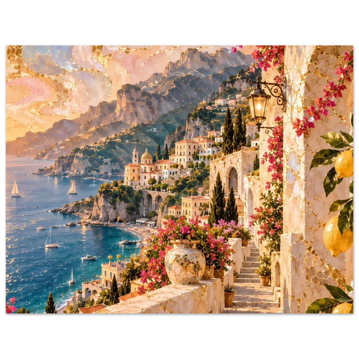 Horizontales Poster mit Küstenlandschaft: Abendsonne, Bergdorf, Meer und Blumen am Weg