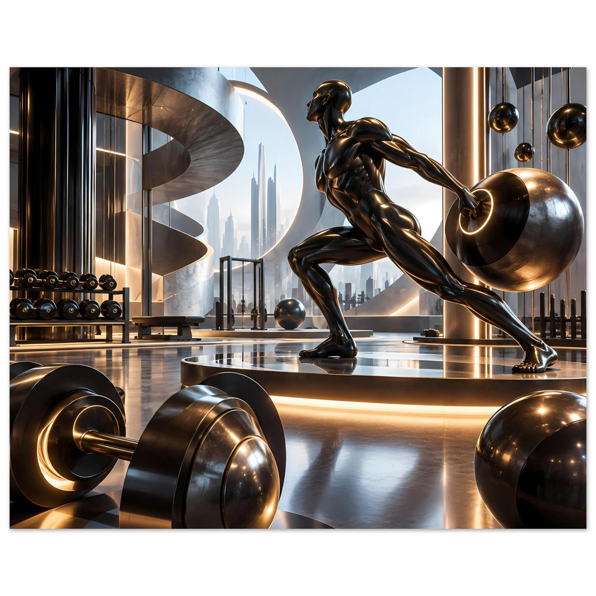 Fitnessposter: trainierende Bronzefigur zwischen Hantelscheiben und goldenen Lichtern