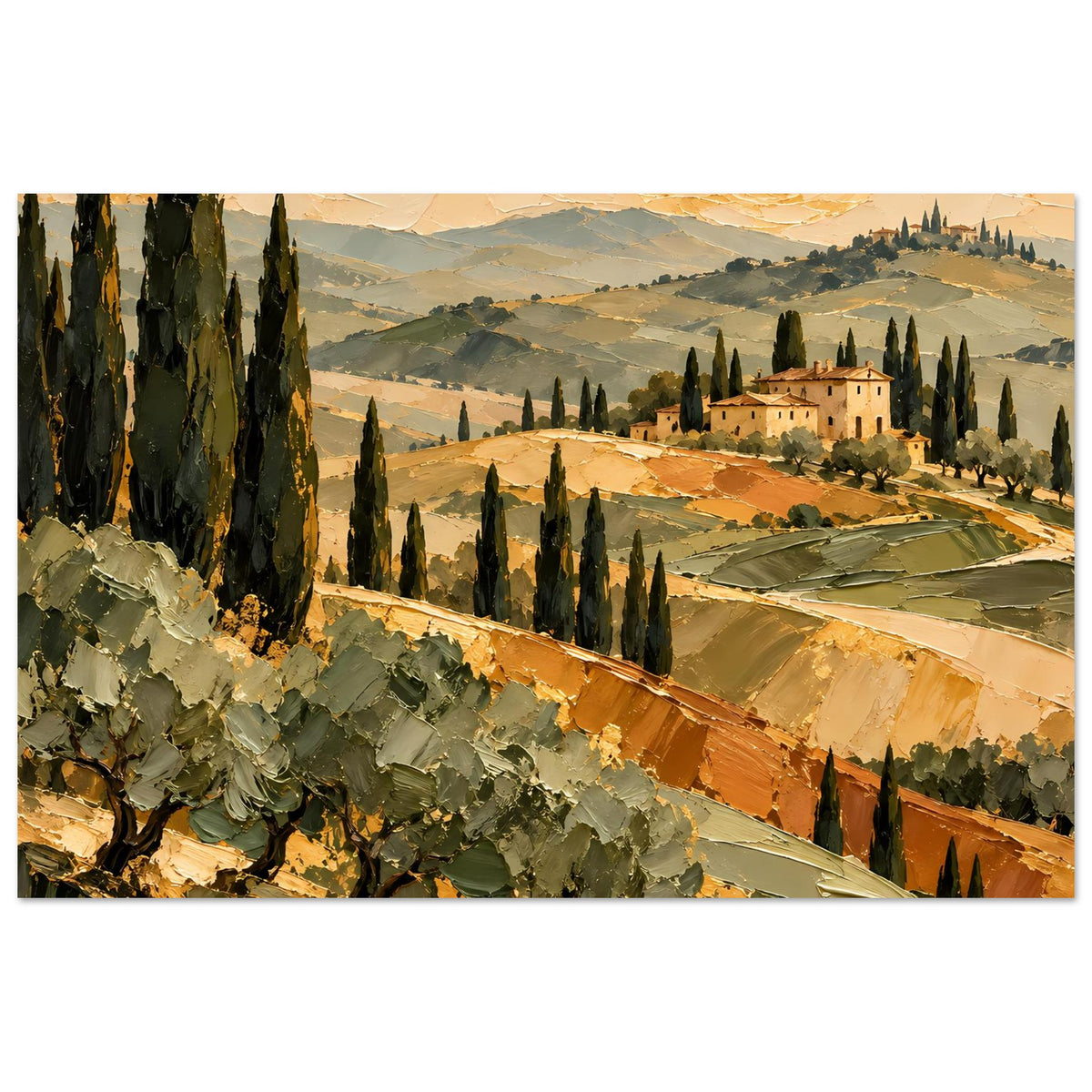 Kunstdruck toskanische Landschaft mit reliefartigem Farbauftrag, Berge, Zypressen und Felder