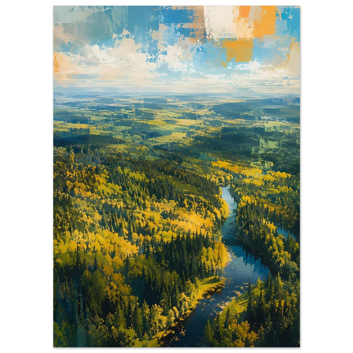 Premium-Poster hochkant mit Fluss im Wald, Herbstfarben Gelb und Dunkelgrün