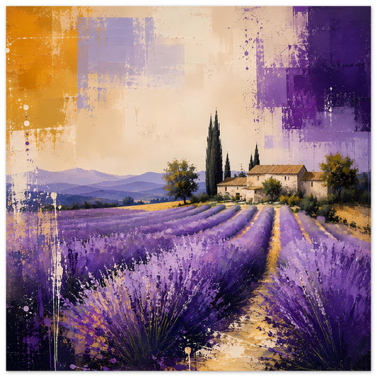 Kunstposter mit Lavendelfeld in Violett, Landhaus und Zypressen, orange Akzente links
