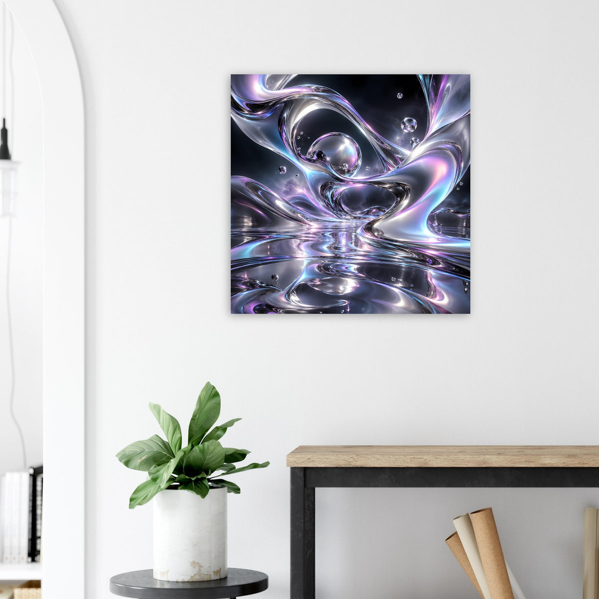 Quadratisches Poster mit flüssigem Chromwirbel in Blau, Lila und silbrigen Reflexen