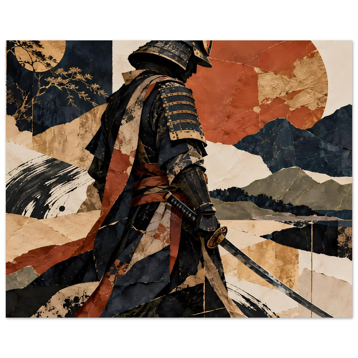 Samurai-Silhouette-Poster mit Schwert, diagonale Figur vor abstraktem Berg- und Musterhintergrund