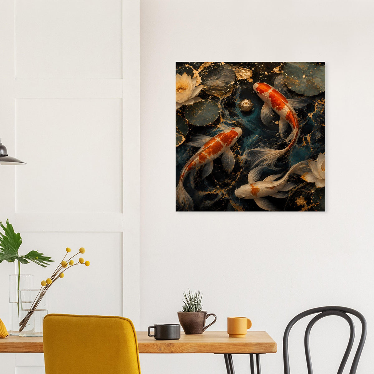 Koi-Teichkunstposter mit mehreren Koi-Fischen, dunklem Wasser und Blasen/Blüten