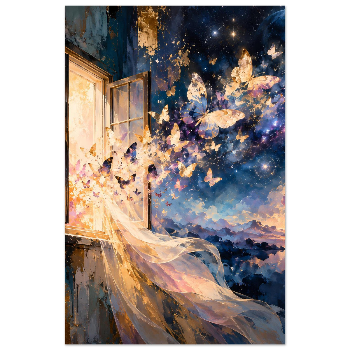 Kunstposter: Schmetterlinge vor Mond und Sternenhimmel, offenes Fenster links