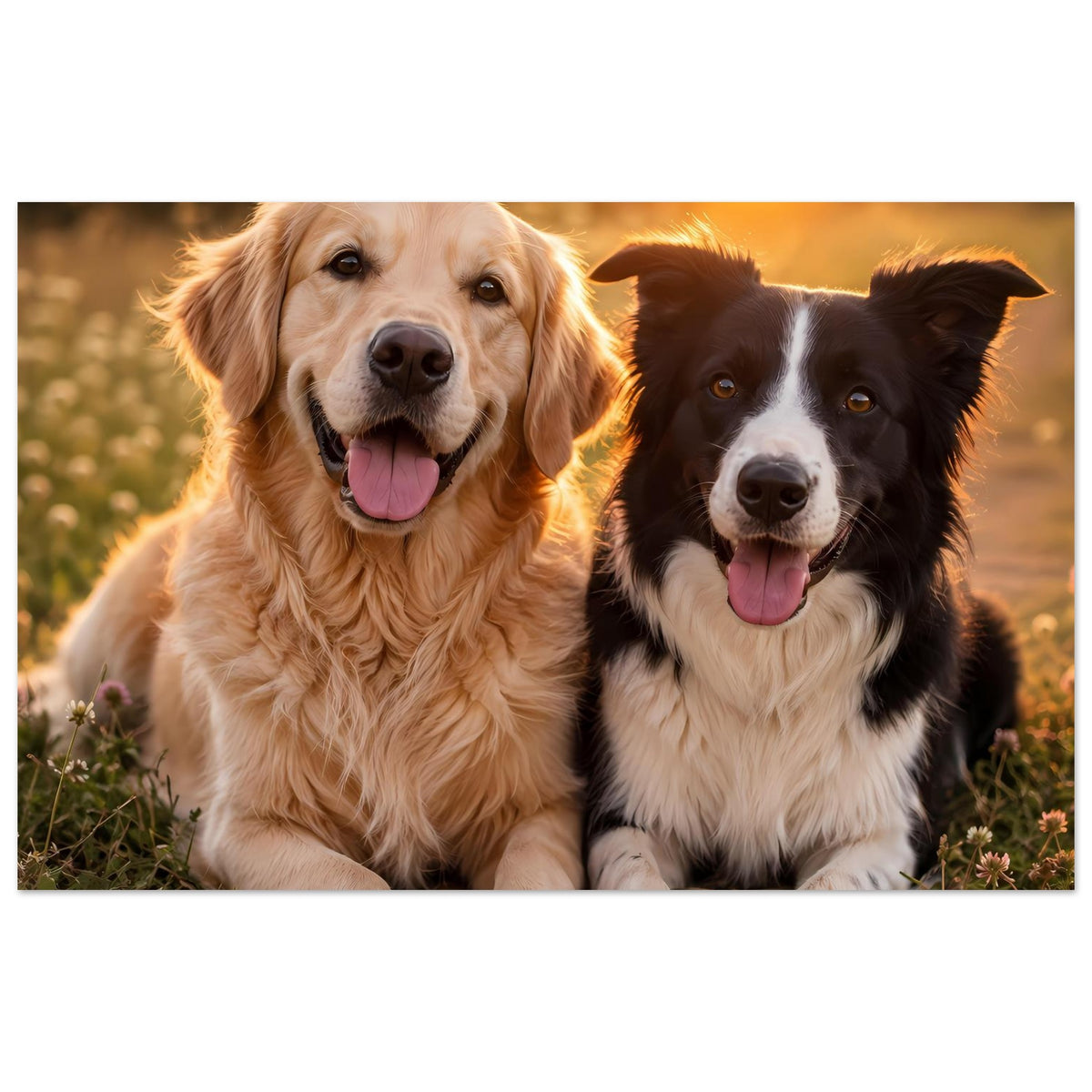 Poster mit Hunde-Porträt: goldener und schwarzer Hund, freundliche Mimik, im Warmlicht