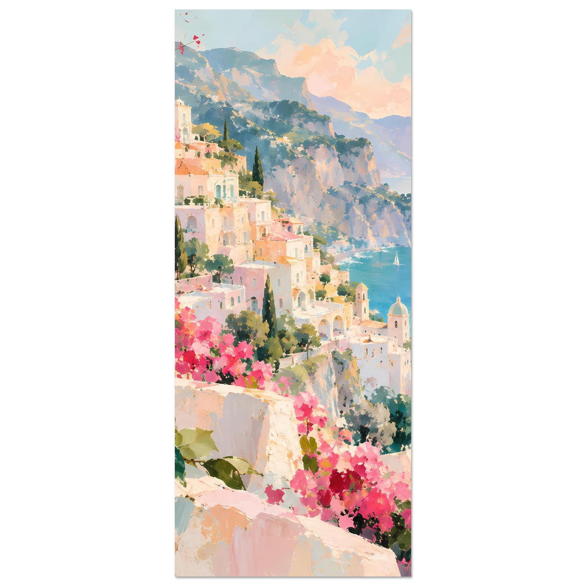 Vertikales Poster: Küstendorf mit rosa Blumenranken und türkisfarbenem Meer