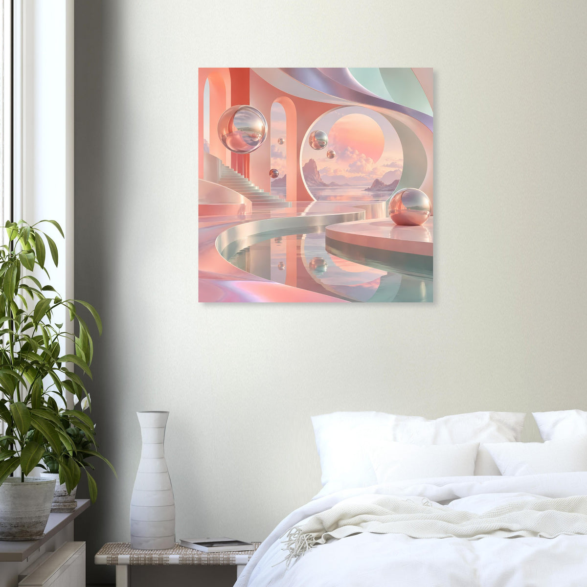 Quadratisches Poster mit Pastell-Landschaft, spiegelnden Kugeln und S-ähnlichen Bahnen