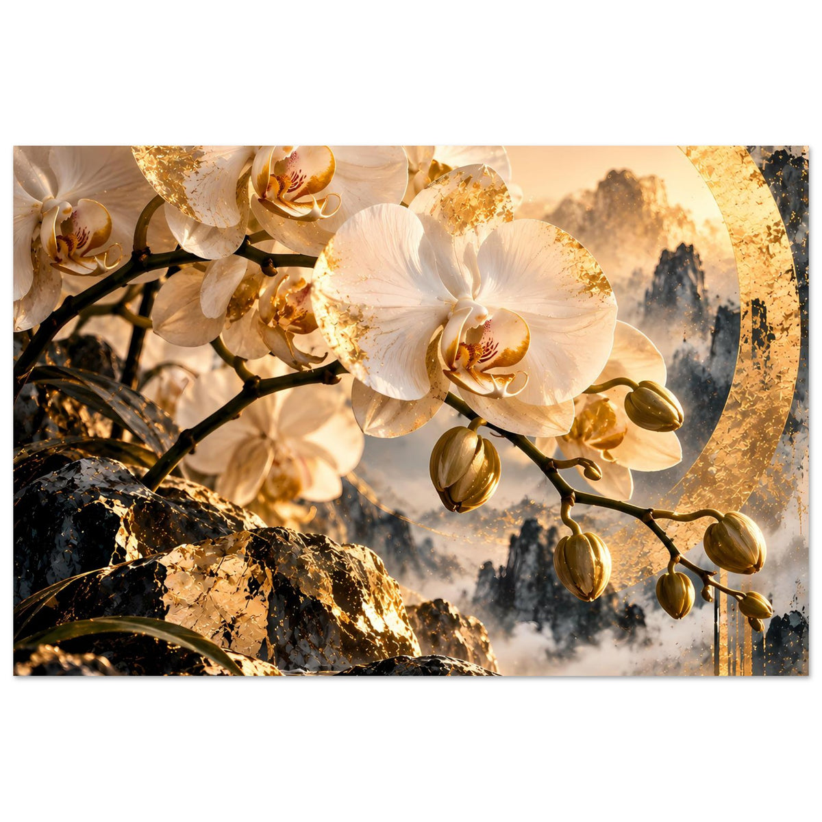 Orchideen-Goldposter mit weißen Blüten, goldenen Tropfen und dunklen Ästen auf Landschaft