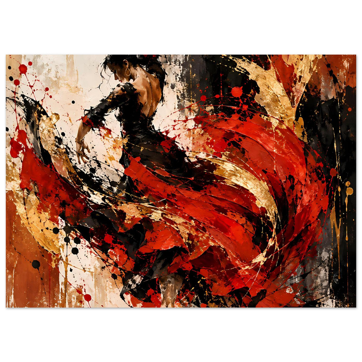 Kunstposter: Flamenco-Tänzerin als abstrakte Darstellung in Rot-, Schwarz- und Beigetönen