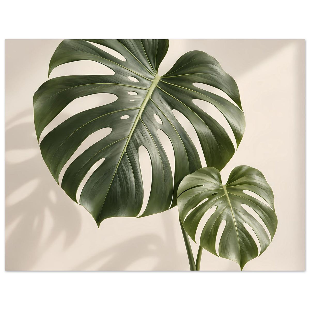Botanisches Poster mit Monstera-Blättern, großes Blatt links, kleineres rechts oben