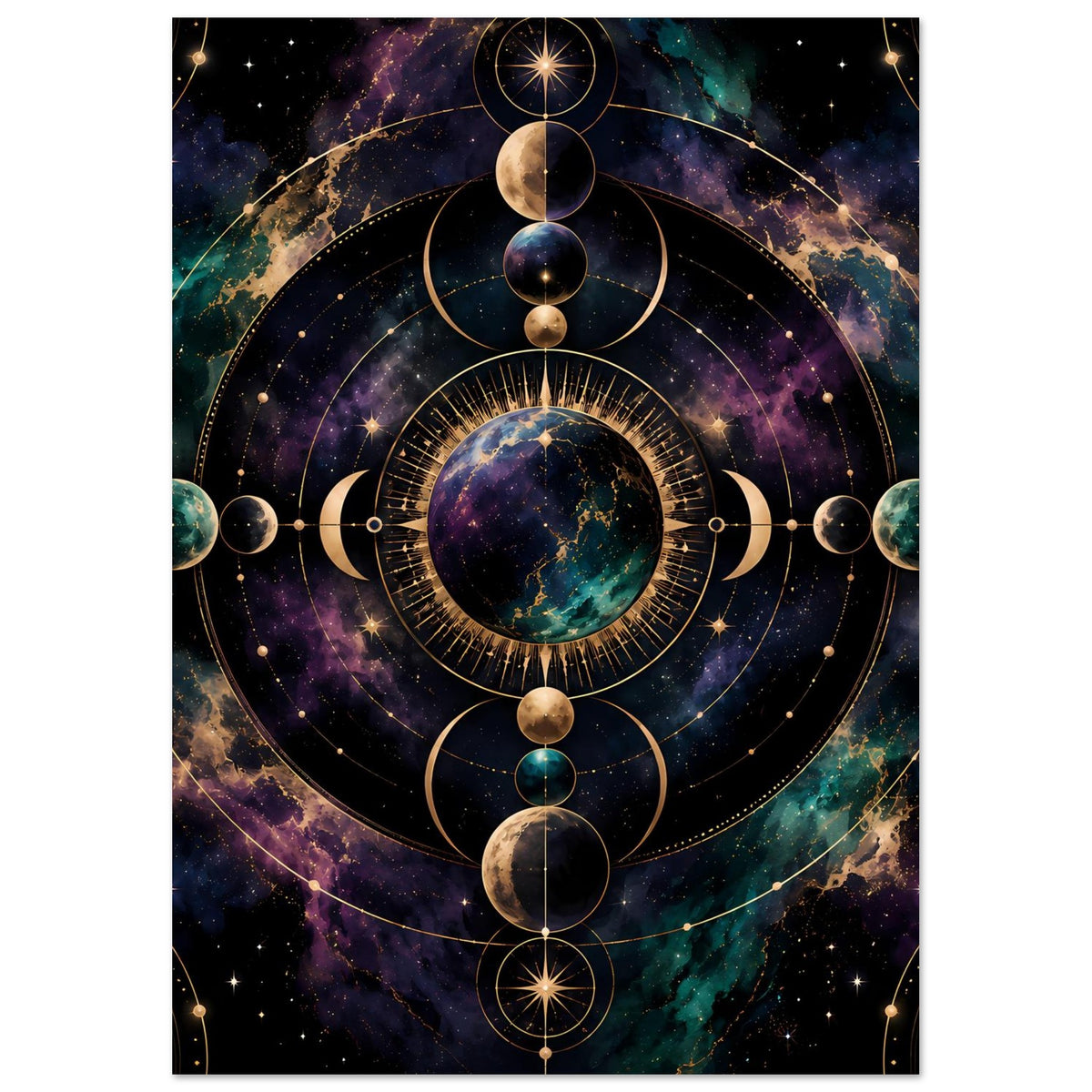 Poster mit zentriertem Planetenscheiben-Motiv und Mondphasen-Grafik in Pastell