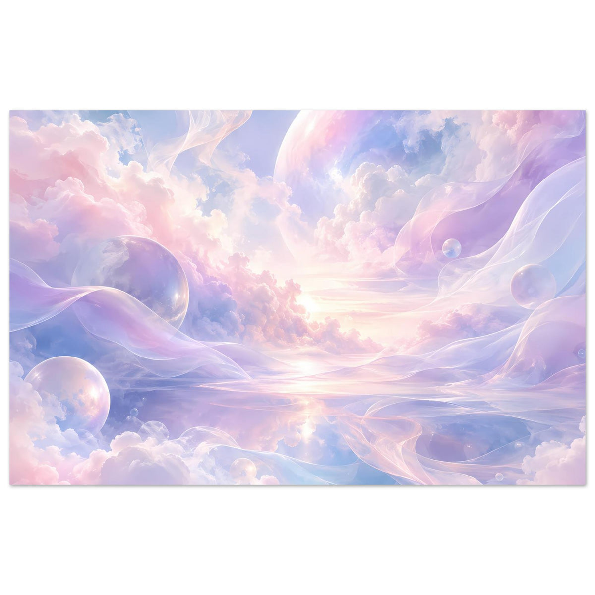 Breites Poster mit pastellfarbenen Wolken und schimmernden Blasen, sanfter Lichtöffnung in der Mitte