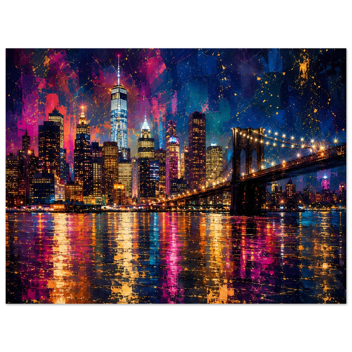 Großes Stadtposter: beleuchtete Skyline und Hängebrücke bei Nacht, bunte Farbtöne