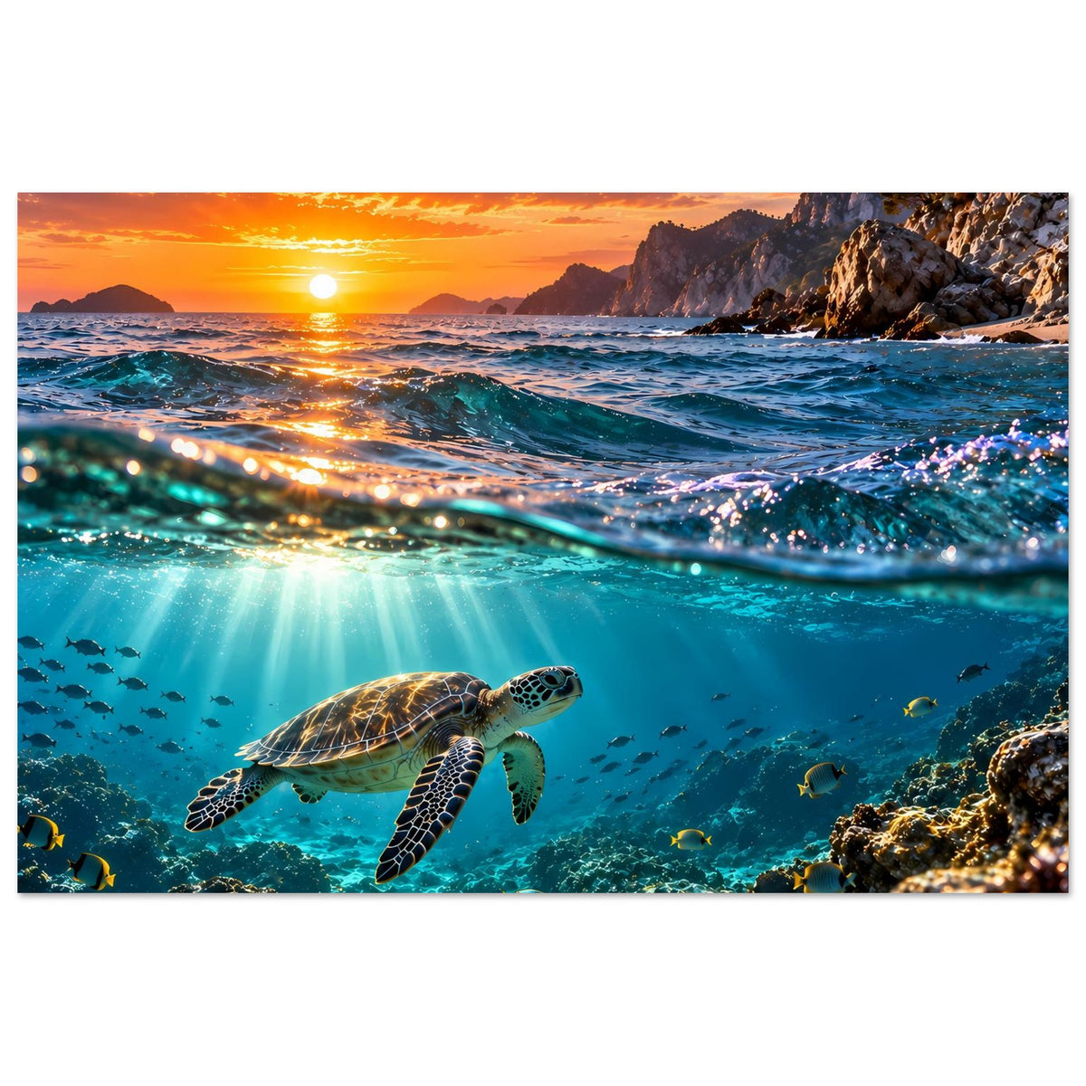 Wandposter: Meeresschildkröte im Meer mit Sonnenuntergang und Fischen um das Riff