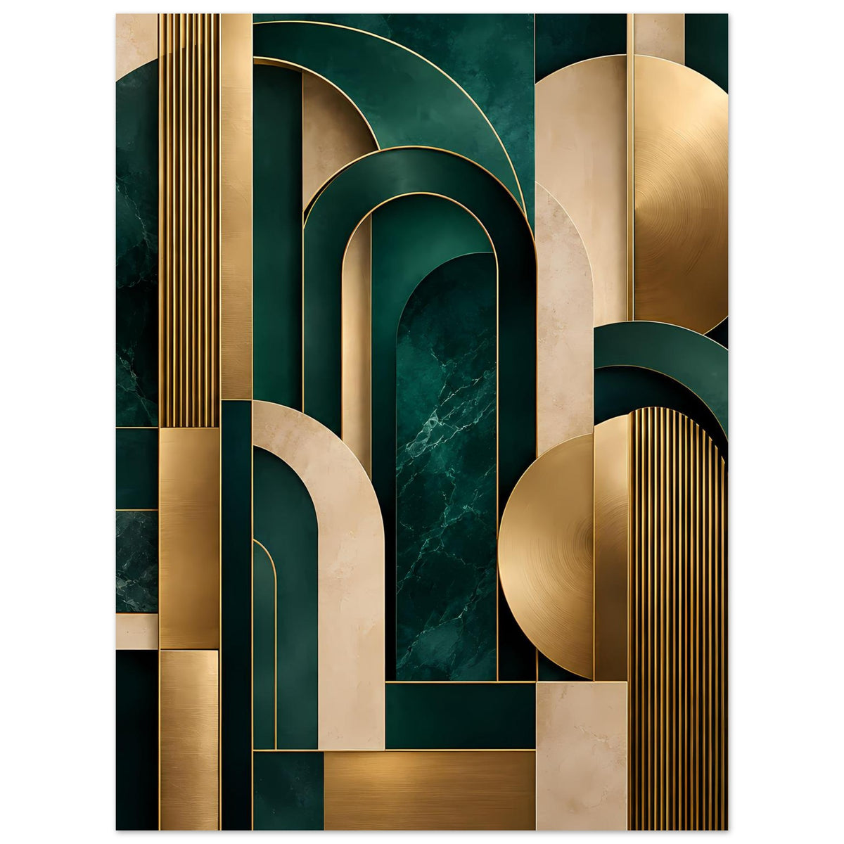 Art-Deco-Poster: gestreifte goldene Balken, große Bögen und dunkelgrüne Säulenflächen
