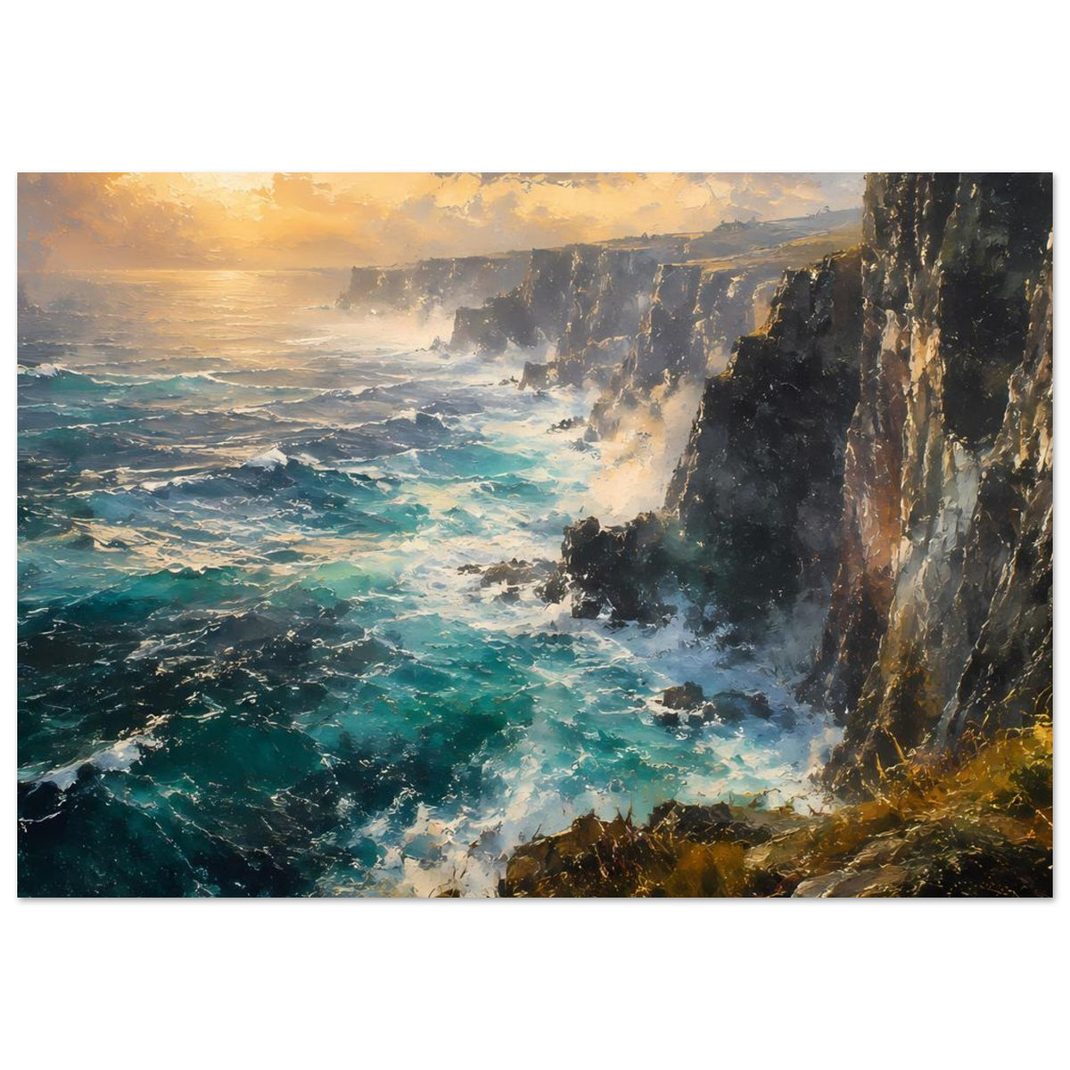 Gerahmtes Poster der Klippenküste mit türkisfarbenem Wasser und Abendhimmel