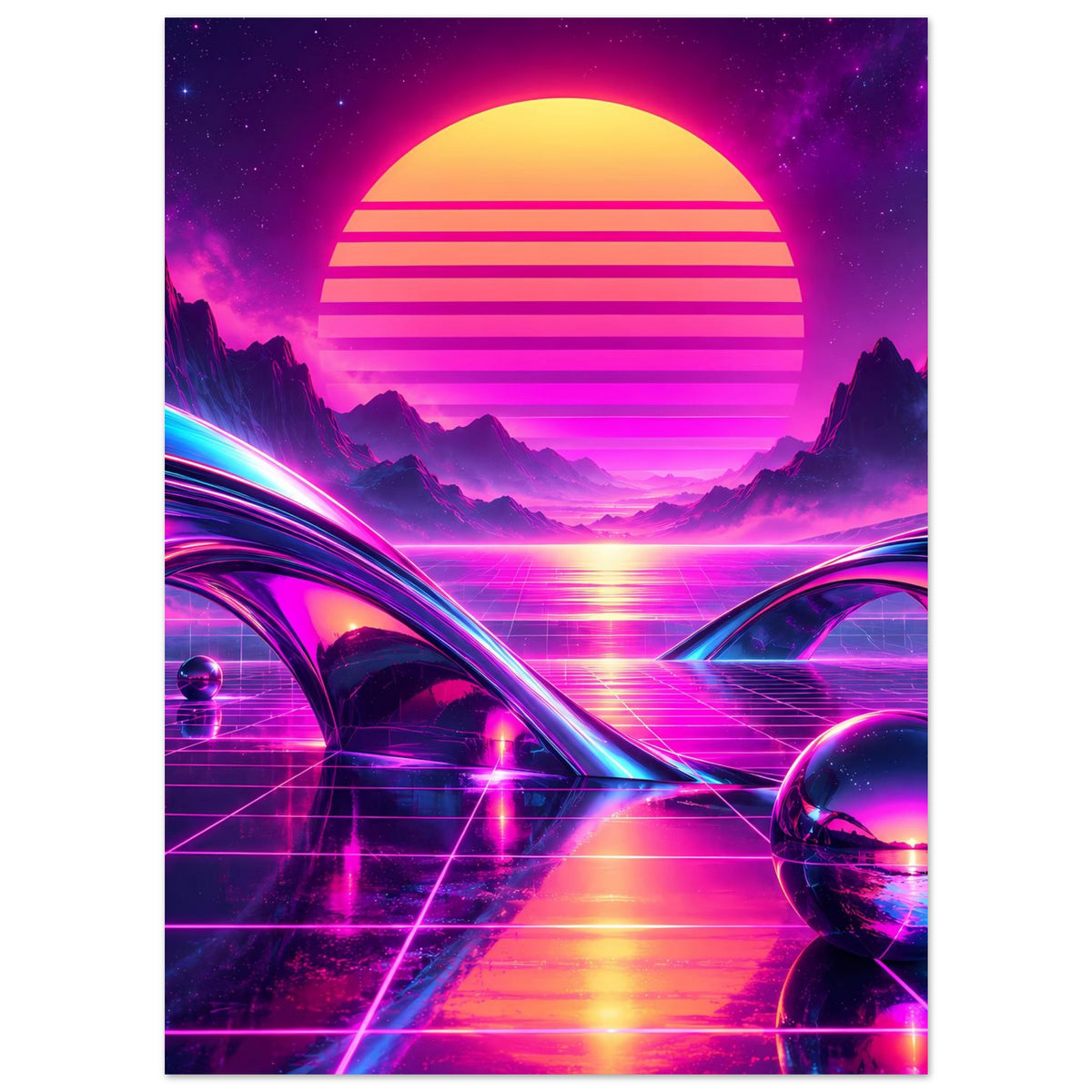 Retro-Science-Fiction-Poster: gelbe Sonne mit Schattenstreifen, Neonhimmel, Berge & Lichtstraßen