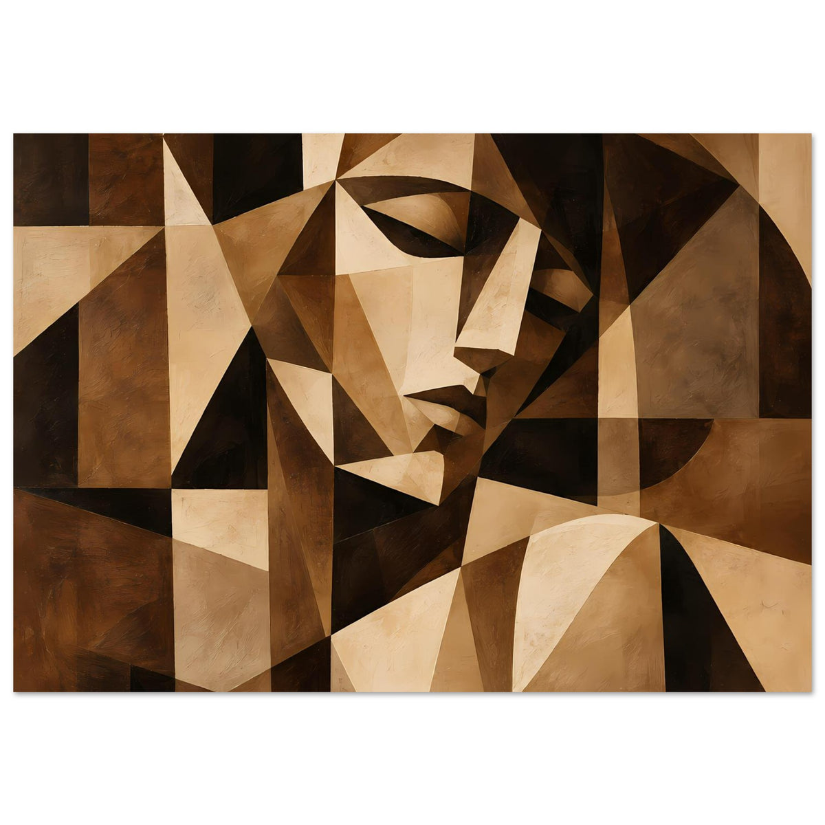 Abstraktes Kunstposter, breiter Bildausschnitt: geometrisches Gesicht in Braun, Beige, Schwarz
