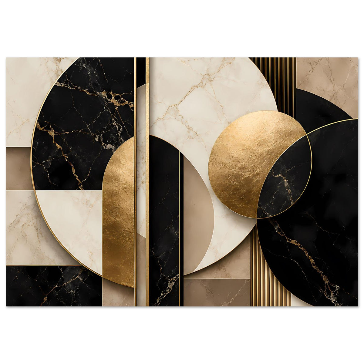 Geometrisches Poster mit goldenen Halbkreisen, marmoriertem Schwarz/Creme und Streifen