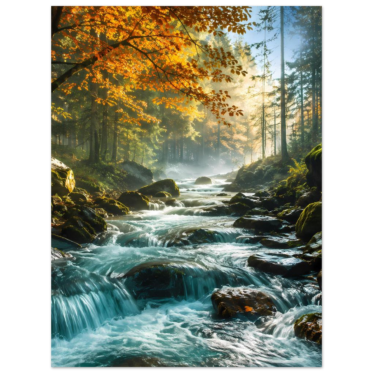 Poster mit Waldfluss, Wasserfall und herbstlichem Baumzweig, Hochformat