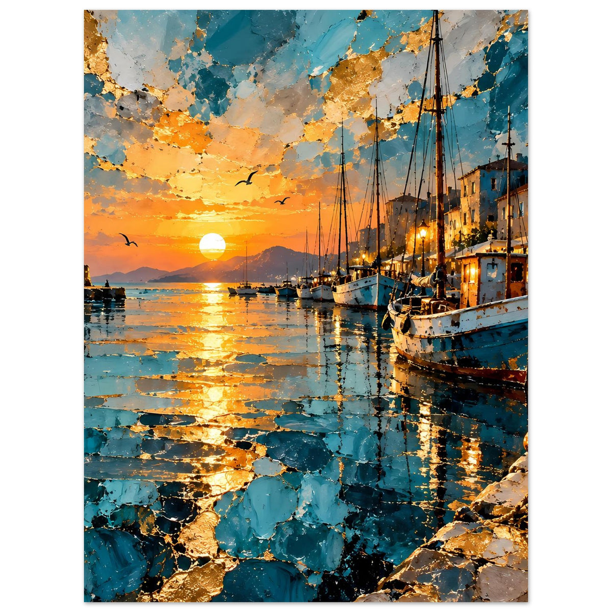 Kunstdruck Poster im Hochformat: Sonnenuntergangshafen mit Leuchtturm, Segelbooten, blau-goldener Textur.